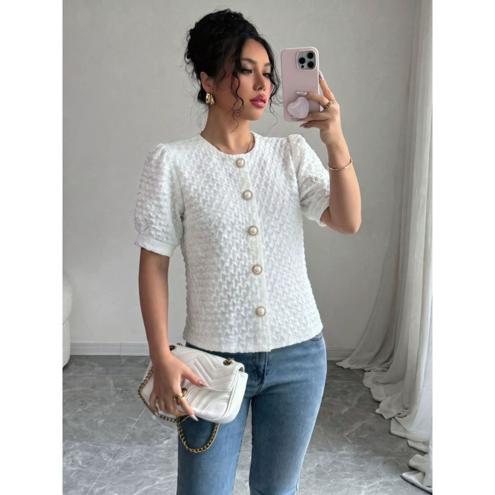 ZARA Elegant White Top Short Sleeve Crew Neck Casual Button Shirt Summer